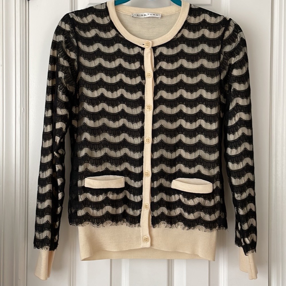 Trina Turk 100% merino wool cardigan w/ eyelet lace overlay